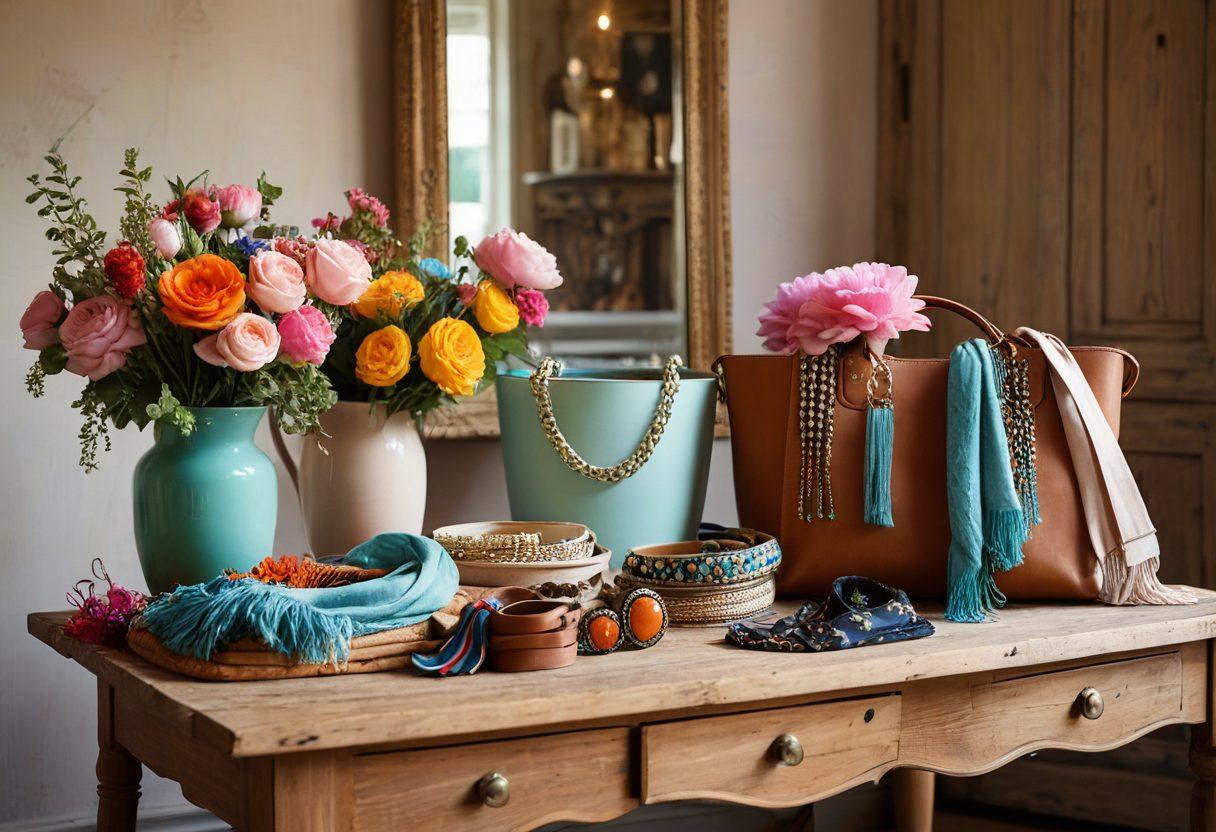 An inviting display of elegant accessories, including statement necklaces, chic handbags, and unique scarves, arranged artistically on a vintage wooden table. In the background, a softly blurred boutique setting hints at the latest fashion trends, with light filtering through sheer curtains. The color palette should be warm and inviting, showcasing a mix of pastel and bold colors inspired by current fashion trends. Include delicate touches of nature, like a potted plant or flowers, to enhance the personal style concept. super-realistic. vibrant colors. soft focus.