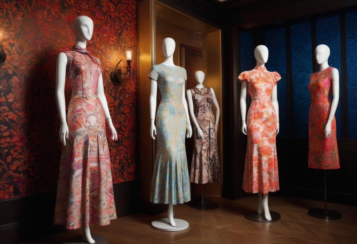 A captivating fashion scene showcasing a brilliant array of unique clothing designs, including elegant dresses and stylish accessories, displayed on mannequins in a chic boutique setting. The backdrop should feature soft, inviting lighting and intricate patterns on the walls to reflect a sense of flair and sophistication. Incorporate vibrant colors that pop and create a harmonious balance between contemporary and classical styles. 3D. vibrant colors. elegant ambiance.